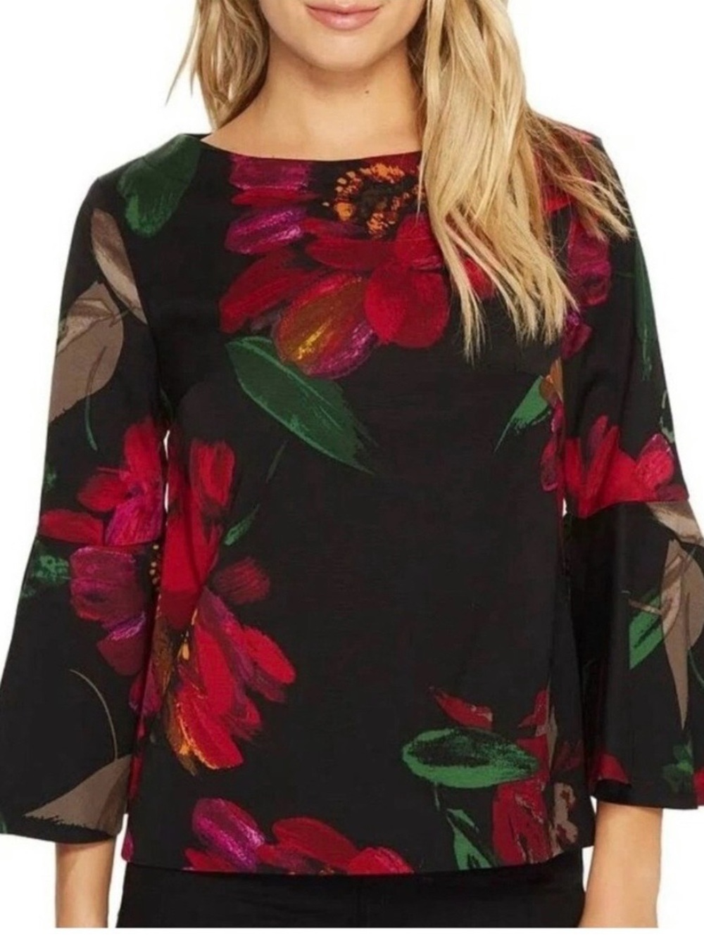 Trina Turk Black Floral Boatneck Blouse with Red & Green Blooms